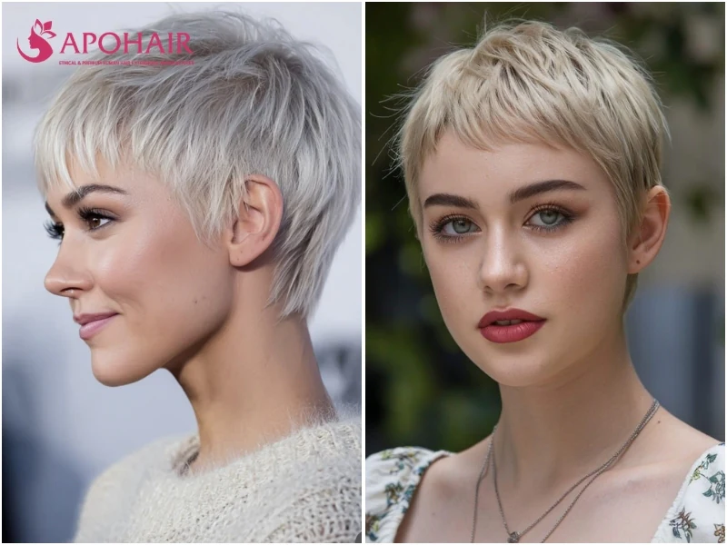 Short cropped pixie with hair close all over and a little length on top