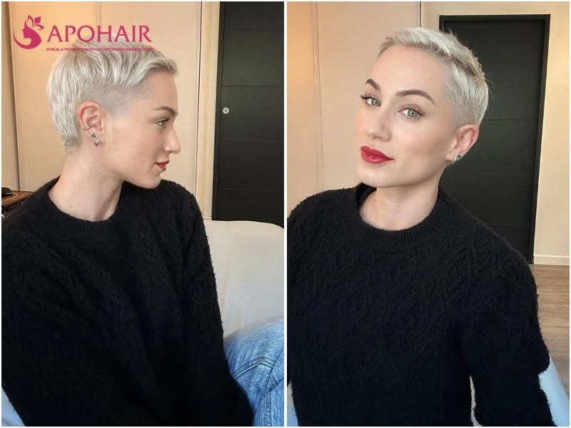 Short cropped pixie with a light fringe and sideburns reaching the cheekbones
