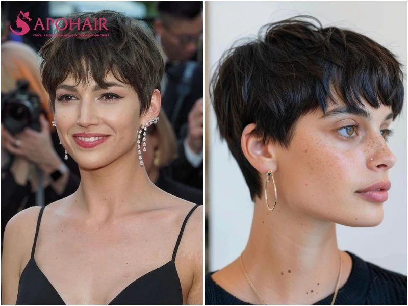 Úrsula Corberó wearing a short cropped pixie with rounded edges, two angles
