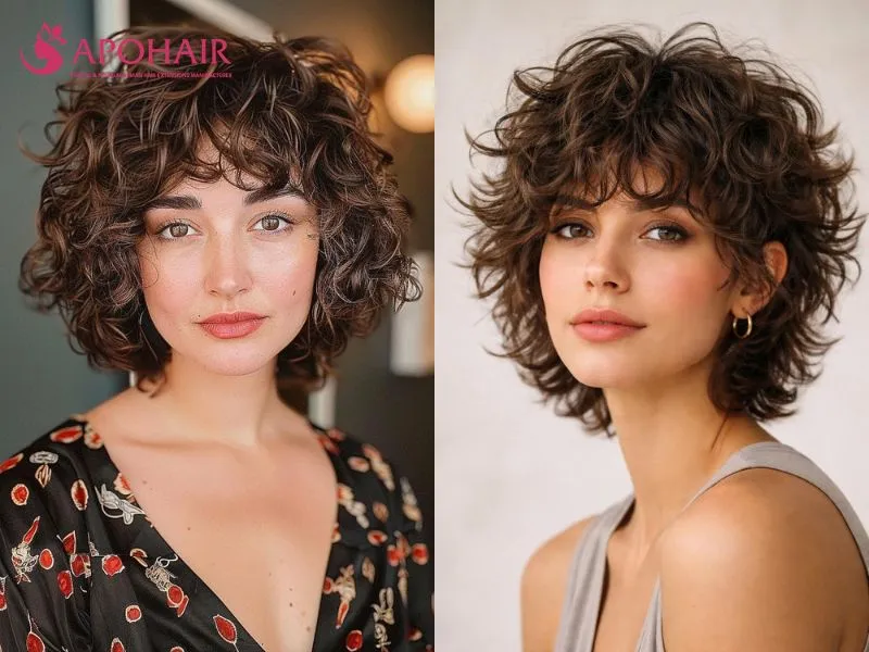 Short curly shag with layered sides and a soft curly fringe