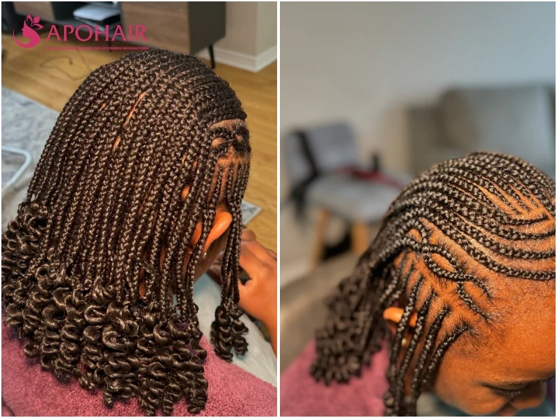 Short Fulani braids in a bob length with spiral curled ends