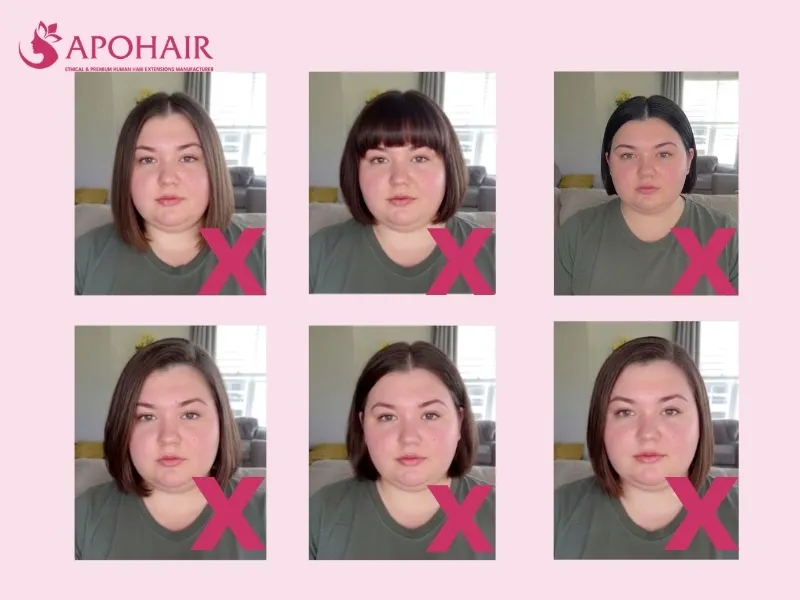 Comparison of six short hairstyles that add width around the cheeks and jaw