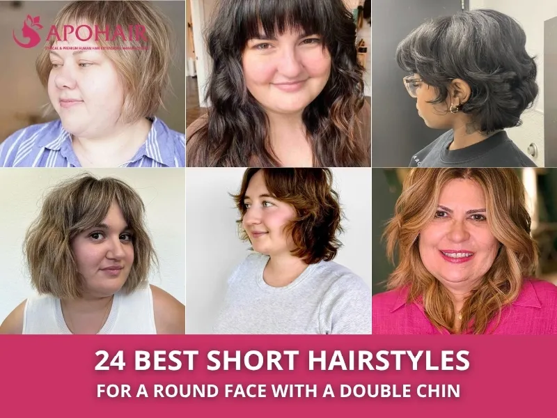 Collage of short hairstyles on women with round faces