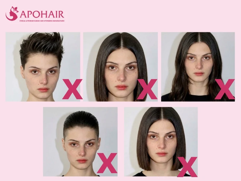 Grid of five short hairstyles to avoid for a long face marked with red X