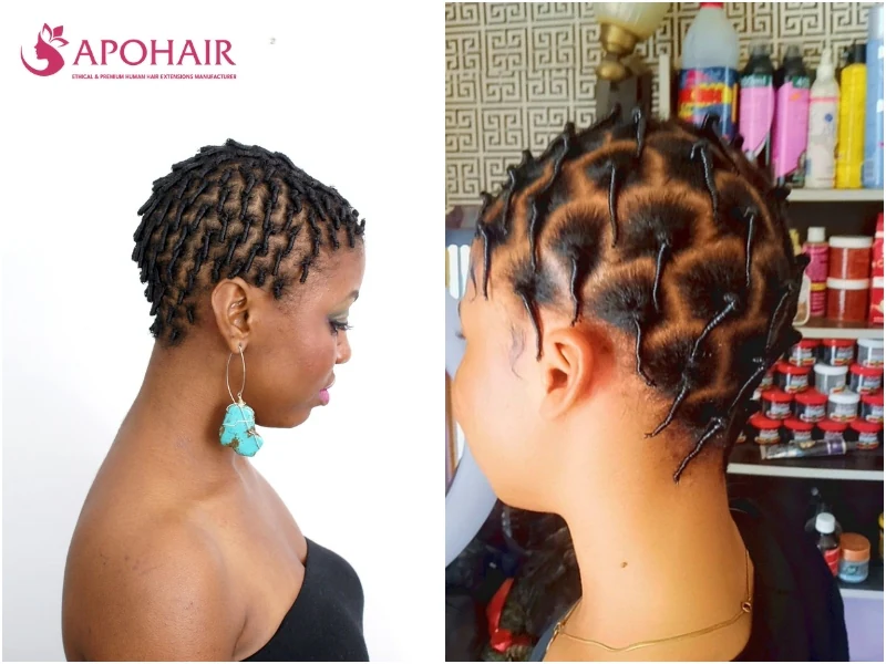 Short kiko with small rubber-threaded sections on cropped natural hair