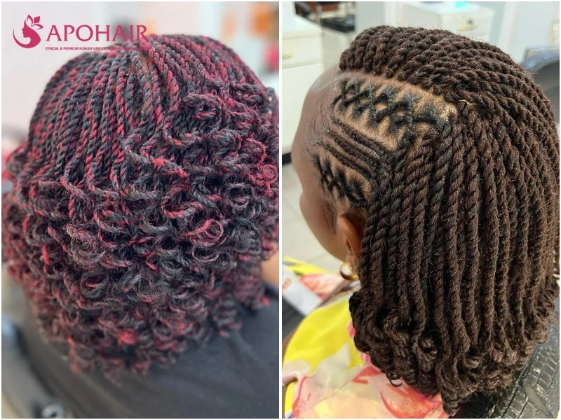 Short kinky twists in red and black with a cornrow design on one side