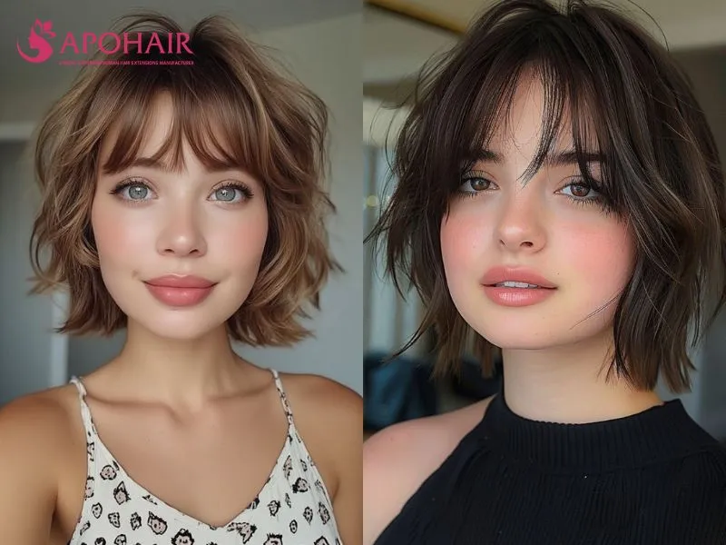Short shag with choppy crown layers, textured ends, and a wispy fringe