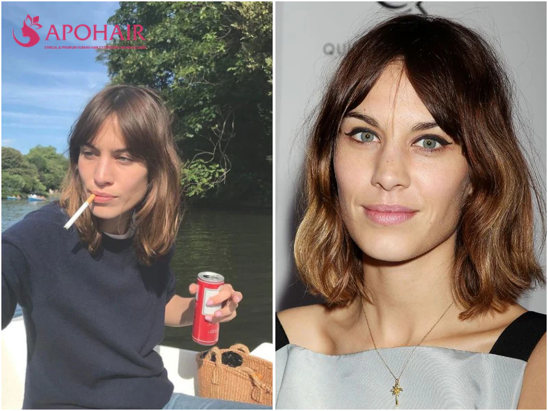 Alexa Chung wearing a shoulder-length blunt bob with face-framing layers and curtain bangs