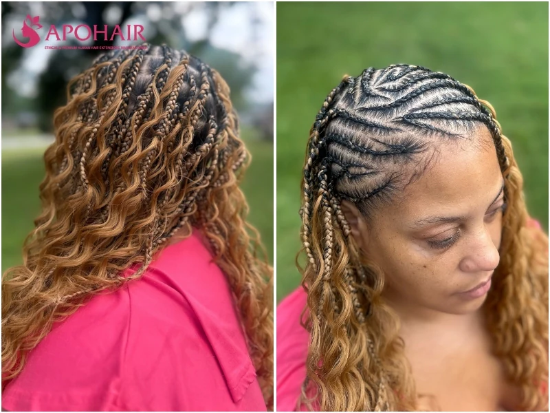 Side-part Fulani braids with cornrows curving away from an off-center part