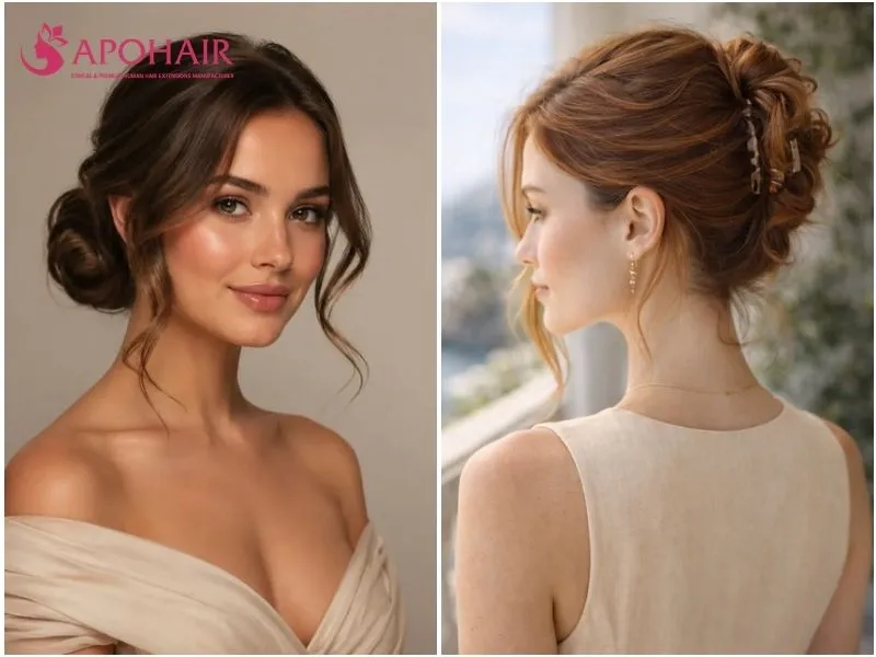 Side-by-side comparison of a deep-side-parted low bun and claw-clip twist with loose tendrils