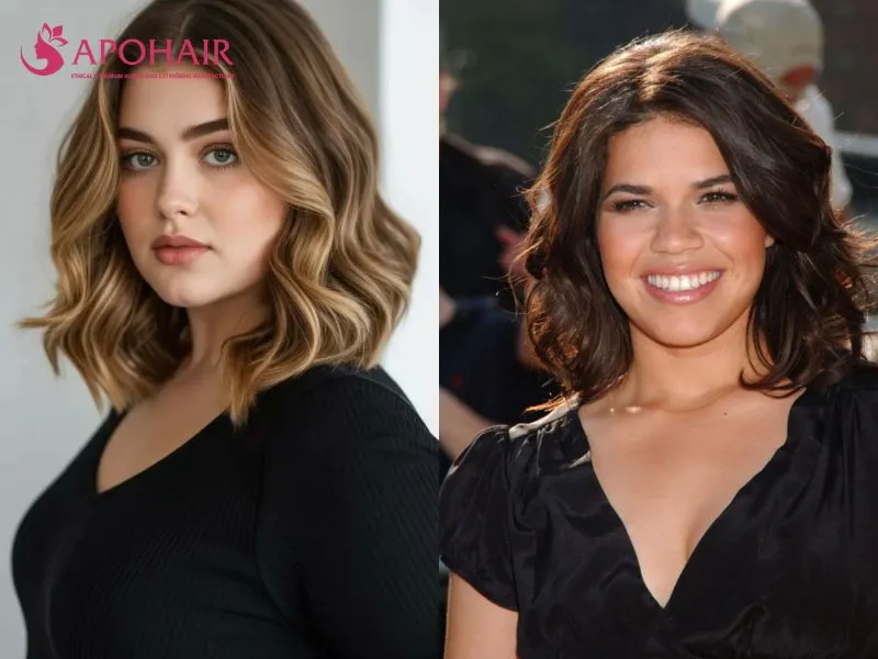 Shoulder-length waves with a deep side part and lifted roots