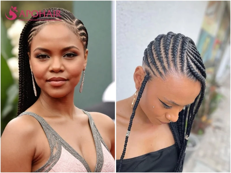 Side-swept cornrows angling diagonally across the head to one shoulder