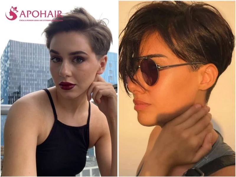 Side-swept pixie with the top brushed to one side from a deep part