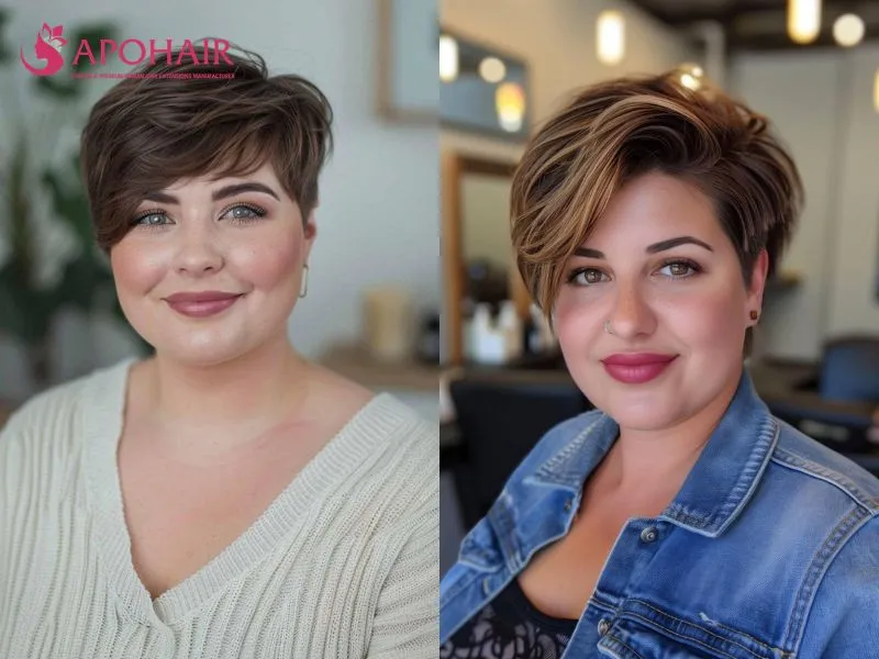 Short pixie with a deep side part and long diagonal fringe