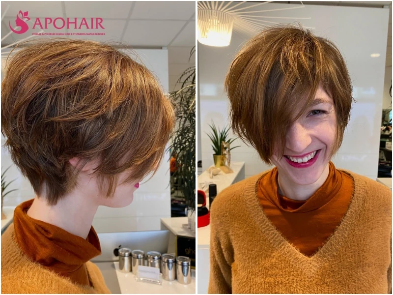 Side-swept pixie with wide sides left at ear length, before and after