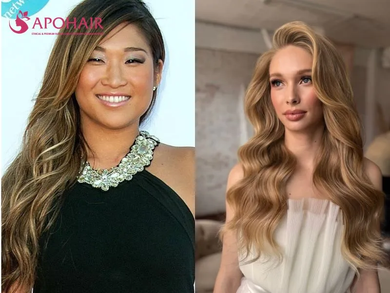 Long voluminous curls styled with more weight on one side