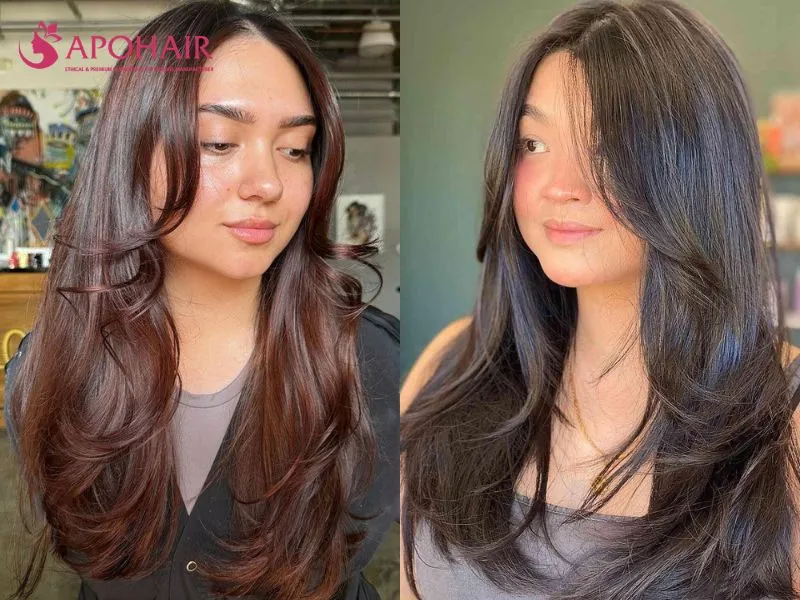 Sleek straight hair with face-framing pieces beginning at the collarbone