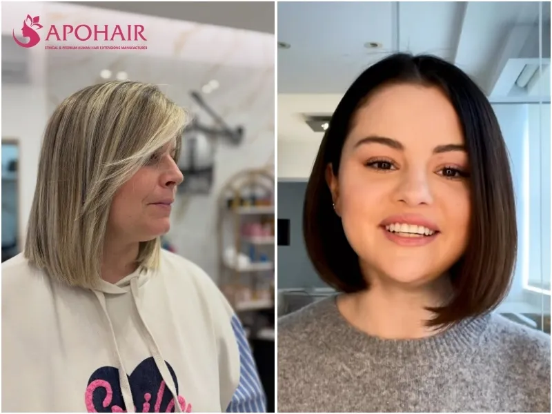 Sleek straight lob with a deep side part and blunt ends