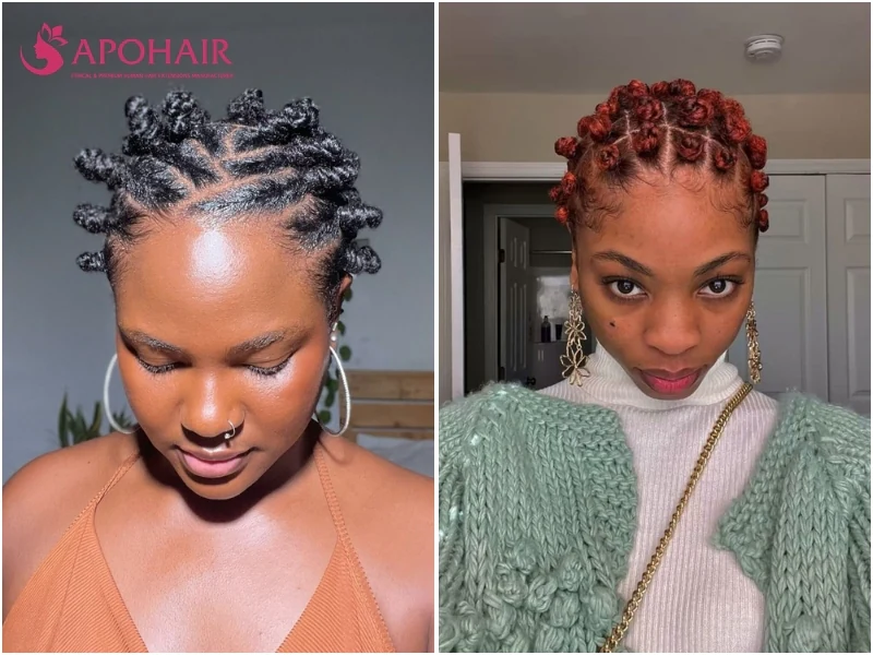 Small Bantu knots split into many compact, fingertip-sized sections