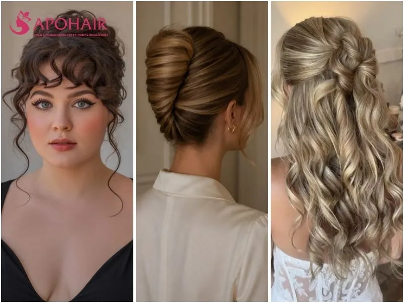 Three-panel comparison of a crown-lifted chignon, French twist, and half-up bridal hairstyle with cascading curls