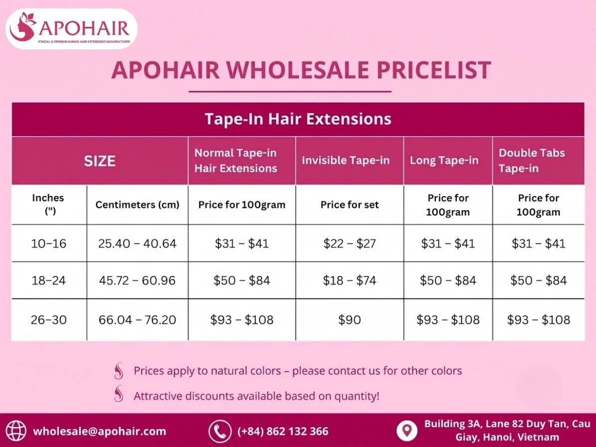 Tape in human hair wholesale price list at apohair