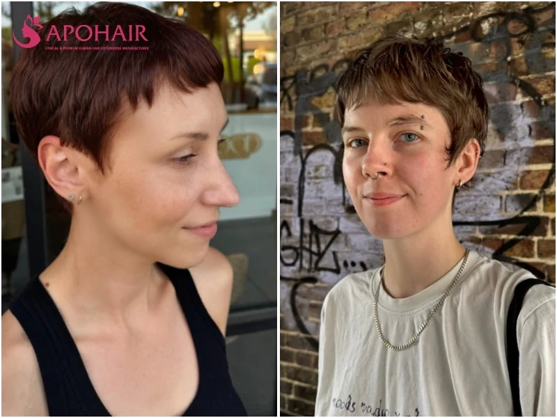 Tapered pixie graded shorter at the nape and behind the ears