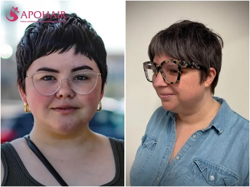 Two tapered pixie cuts with close sides and graduated napes