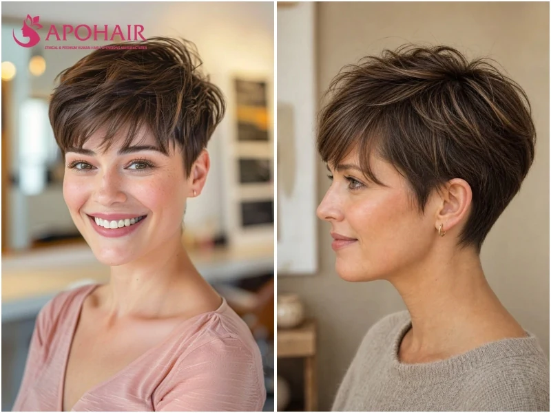 Tapered pixie with a rounded line grading shorter toward the nape