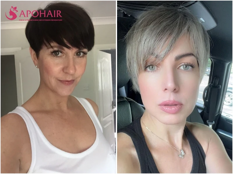 Textured bowl pixie with a fringe curving down at the temples into the sides