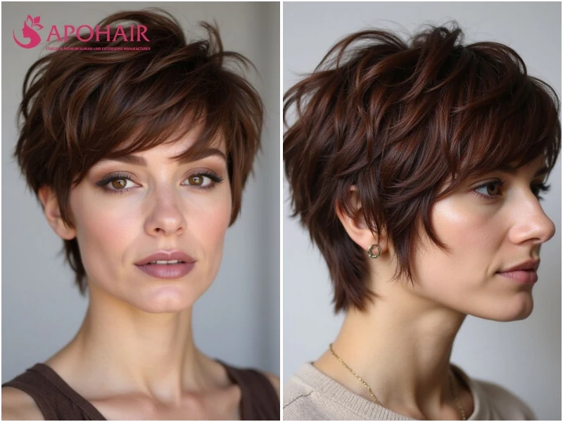 Textured pixie with volume built into a rounded dome at the crown, two examples