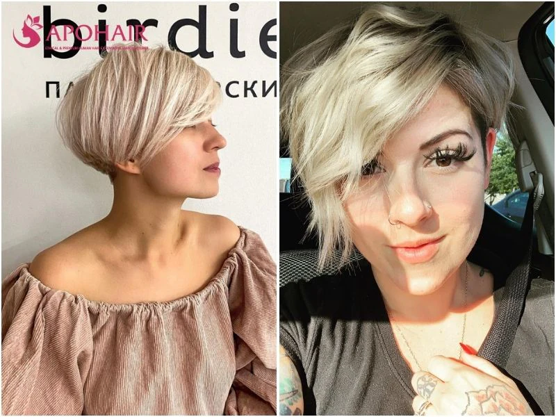 Textured pixie with side-swept bangs brushed across the forehead, two examples