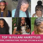 Collage of six Fulani hairstyles with cornrows and beaded braids