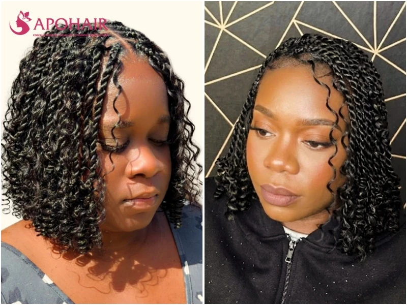 Twist bob at chin length with curled ends framing the face
