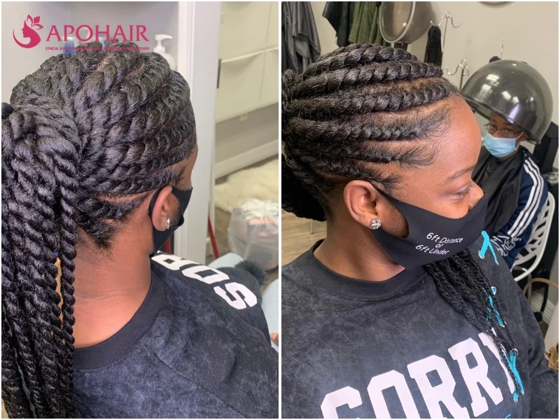 Twist ponytail with flat twist rows gathered into a high tail