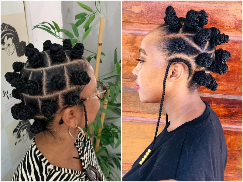 Twisted Bantu knots with a spiral, rope-like pattern across the head