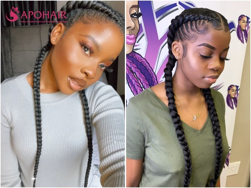 Two cornrow braids parted down the middle and hanging over the shoulders