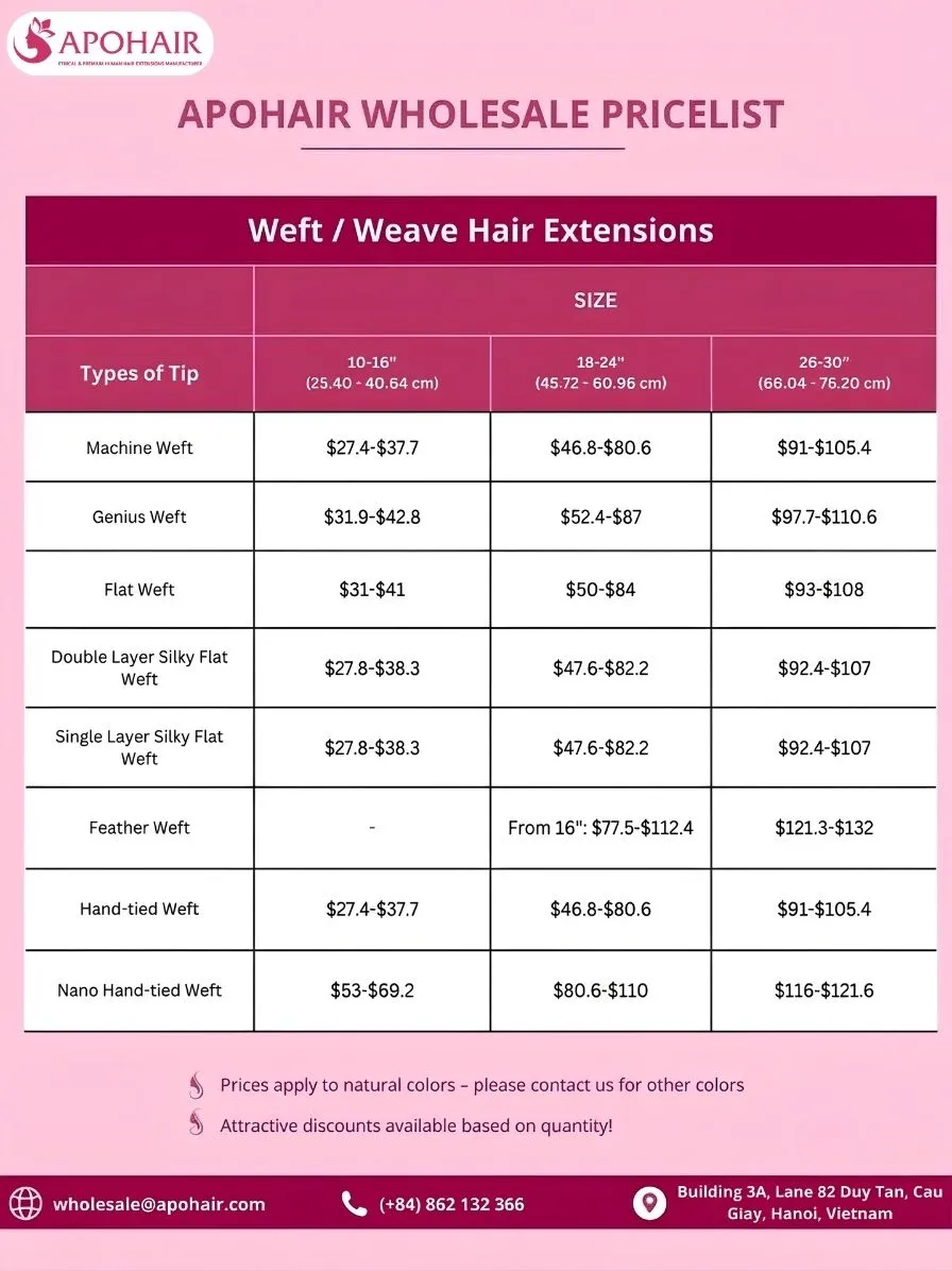 Weft hair extensions price list at Apohair.