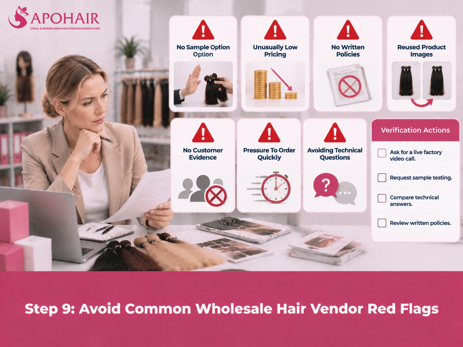 Seven wholesale hair vendor red flags with warning icons and a four-item verification-actions checklist