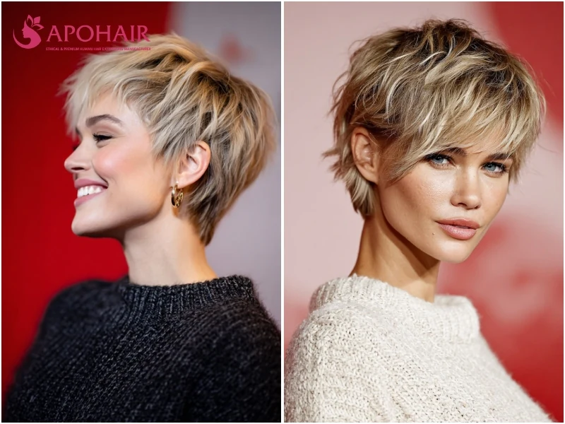 Wispy pixie with fine, feathery edges around the hairline and nape