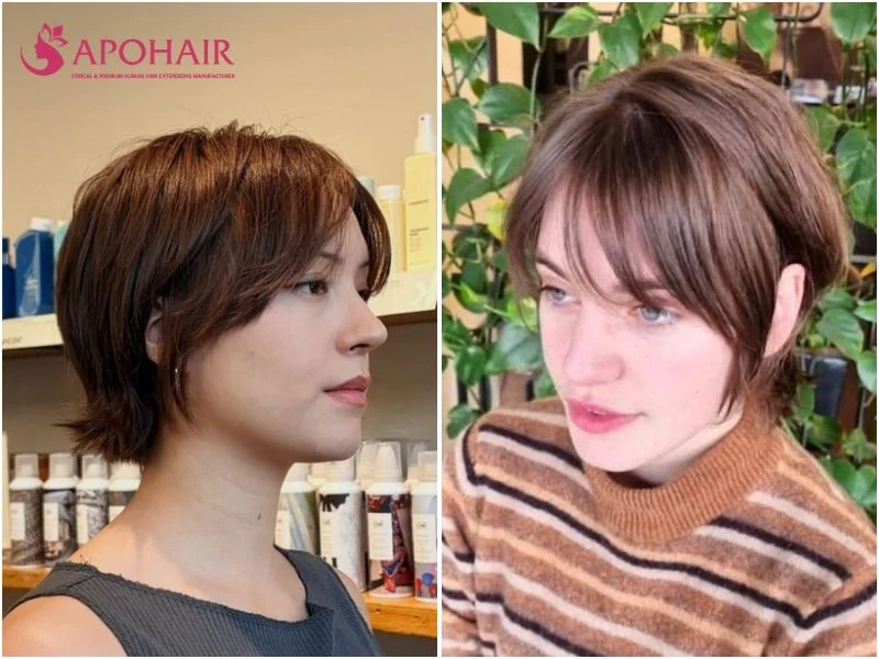 Wispy pixie with a few fine strands at each temple falling toward the cheekbones