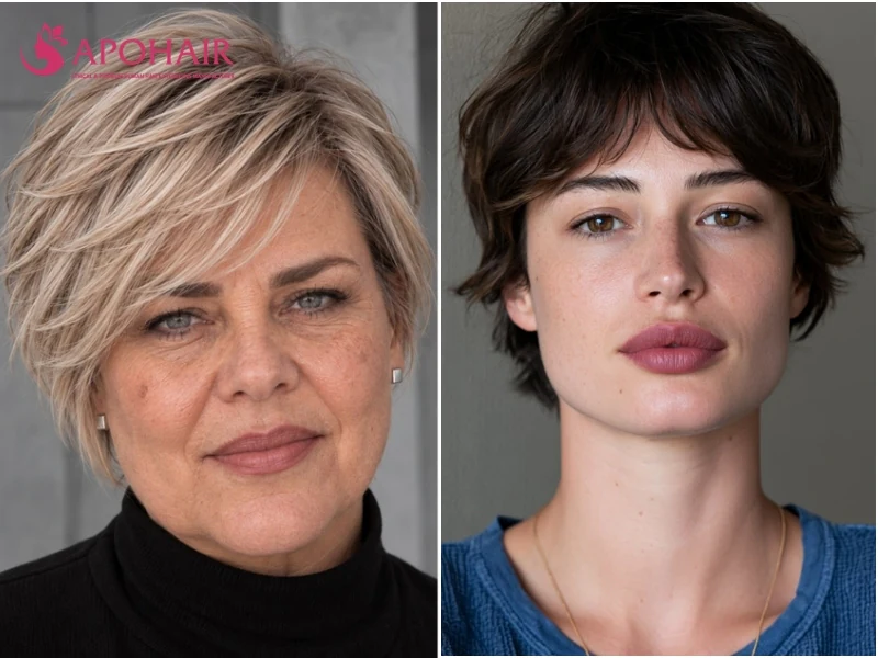 Wispy pixie with thin, feathery temple pieces curving toward the cheekbones