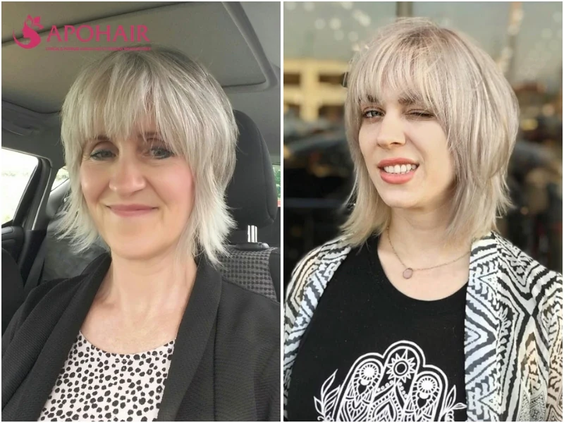 Horizontally-expanded wolf bob with shaggy bangs merging into the side layers