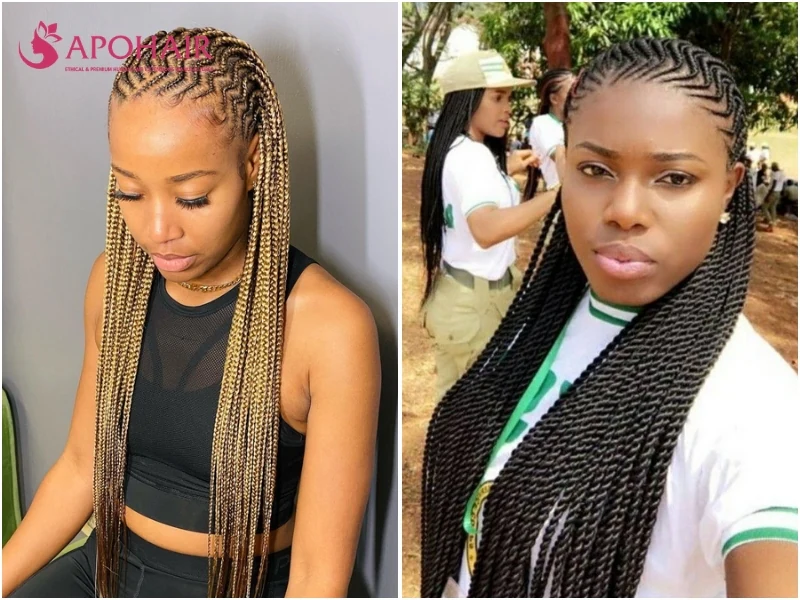Zigzag cornrows braided along sharp Z-shaped parts at the hairline