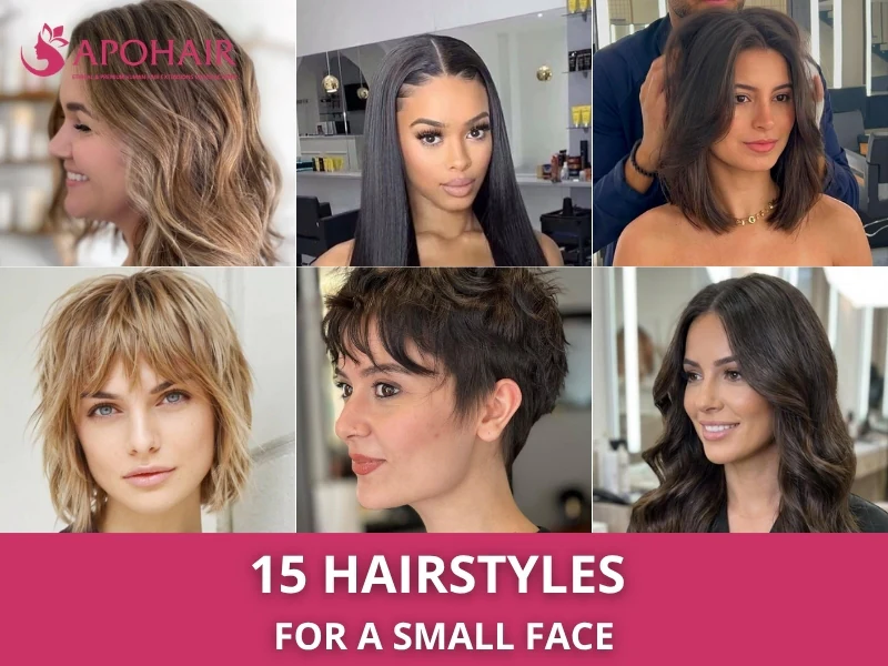 Collage of six women with hairstyles for a small face, from a pixie and shag to waves and a lob
