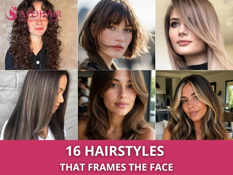 Collage of six women with face-framing hairstyles, from curly layers to curtain bangs and highlights