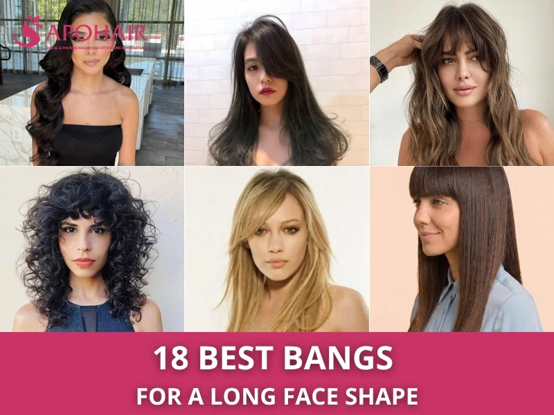 Collage of six women with the best bangs for a long face, from blunt and curly to side-swept fringes