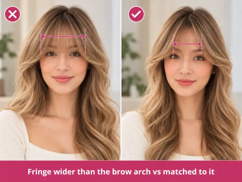 Comparison of an overly wide fringe section and a narrower section aligned with the brow arch