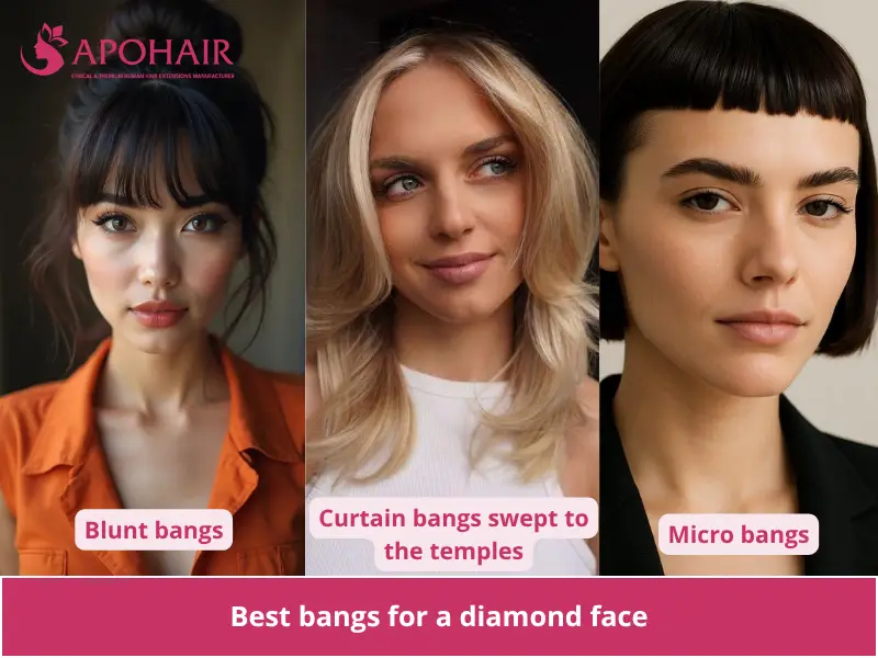 Three women with short fringe, temple-swept curtain bangs, and micro bangs