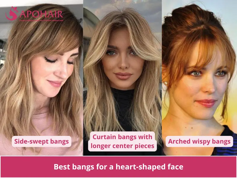 Three women with side-swept, curtain, and arched wispy bangs