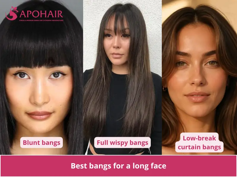 Three women with blunt bangs, full wispy bangs, and low-opening curtain bangs